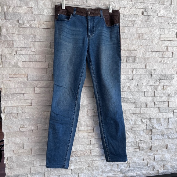 ECRU Los Feliz Leather Inset Jean. Vintage denim/chocolate brown. - Picture 2 of 6